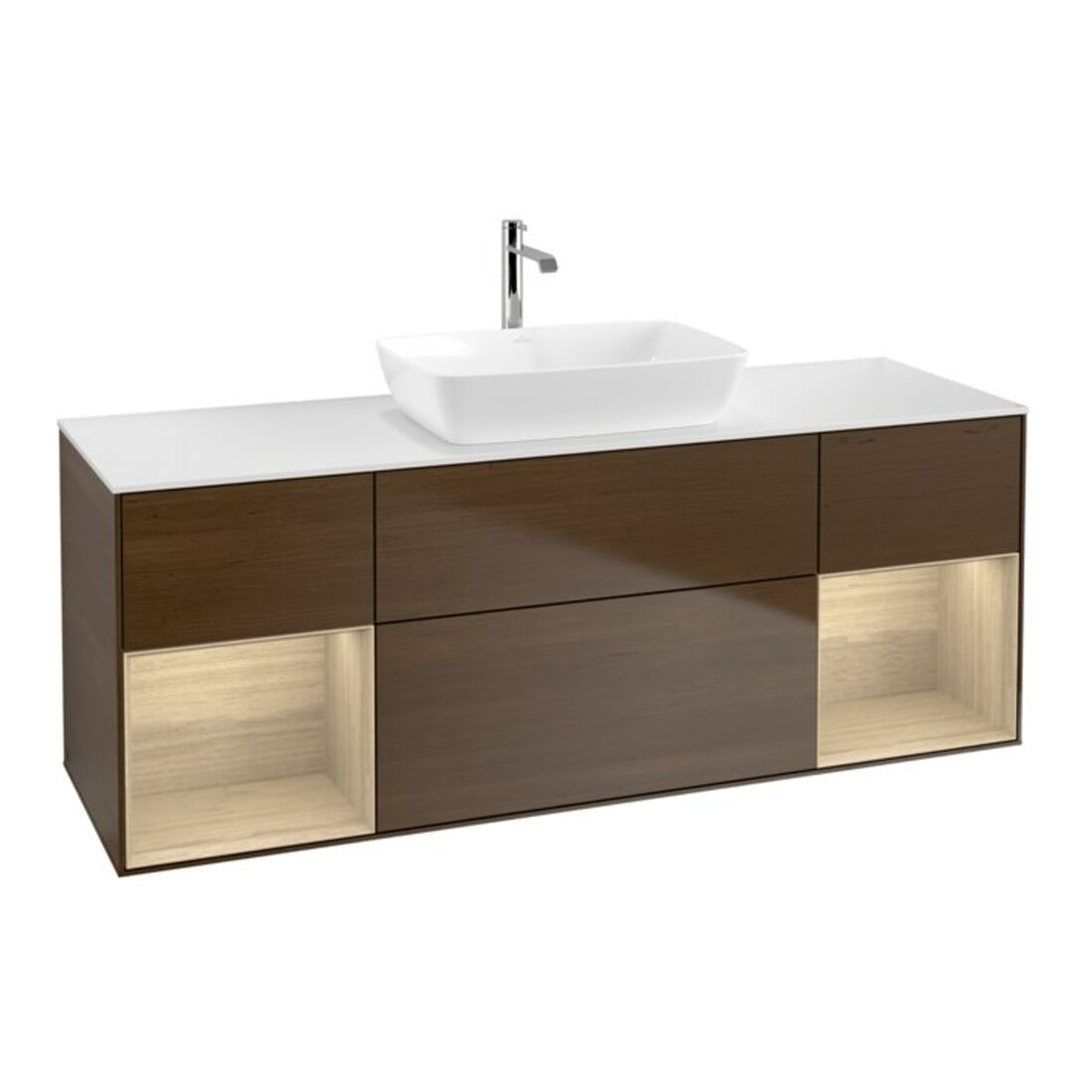 V&B Meuble sous lavabo Finion 160 cm, placage blanc mat, tiroir ouvert, placage noyer