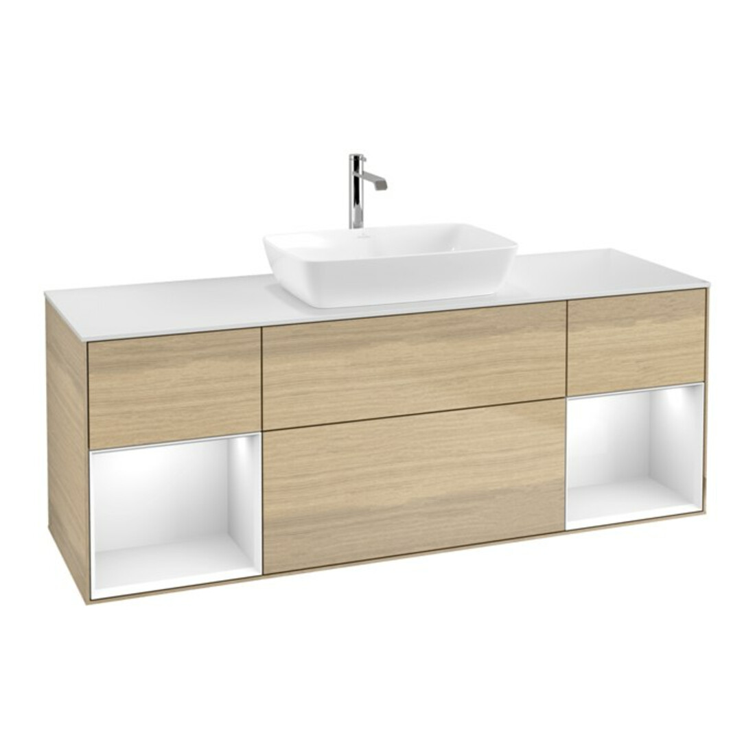V&B Meuble sous lavabo Finion 160 cm, placage blanc, tiroirs gloss blanc, poignée ven