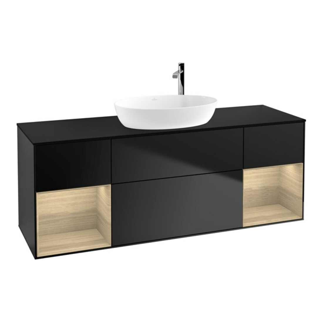 V&B Meuble sous lavabo Finion 160 cm, placage bleu mat, rangement ouvert, bleu mat laqué