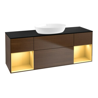 V&B Meuble sous lavabo Finion 160 cm, placage bleu mat, réglette dorée mate, noyer veinée