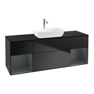 V&B Meuble sous lavabo Finion 160 cm, placage bleu mat, tiroirs médian bleu mat laqué