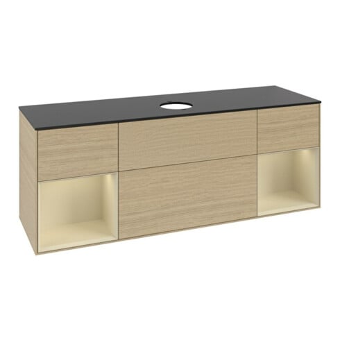 V&B Meuble sous lavabo Finion 160 cm, placage bleu, rangement simple, laqué, ouverture à pousser