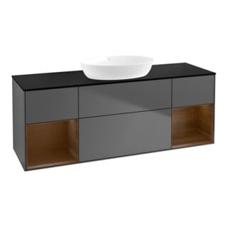 V&B Meuble sous lavabo Finion 160 cm, placage bleu, tiroir à rainures, anthracite mat