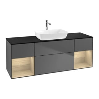 V&B Meuble sous lavabo Finion 160 cm, placage bleu, tiroir ouvert, anthracite mat