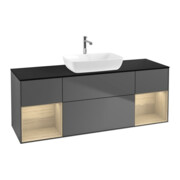 V&B Meuble sous lavabo Finion 160 cm, placage bleu, tiroir ouvert, anthracite mat