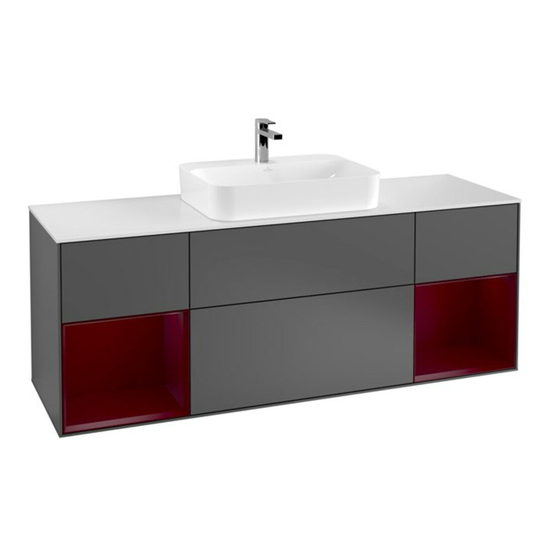 V&B Meuble sous lavabo Finion 160 cm, placage bois, anthracite, éclairage mural