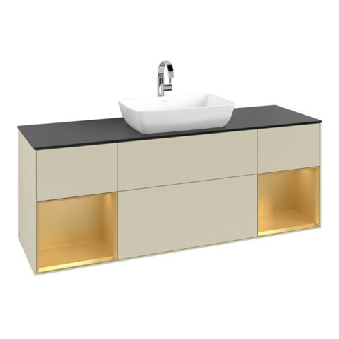 V&B Meuble sous lavabo Finion 160 cm, placage bois, chêne doré mat laqué, gris argent mat laqué