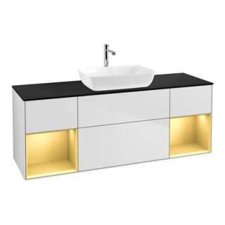 V&B Meuble sous lavabo Finion 160 cm, placage bois, éclairage mural, blanc laqué