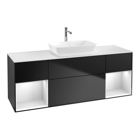 V&B Meuble sous lavabo Finion 160 cm, placage bois, éclairage mural, blanc mat laqué, bleu mat laqué
