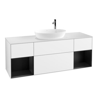 V&B Meuble sous lavabo Finion 160 cm, placage bois, façade bleue, laque blanche brillante