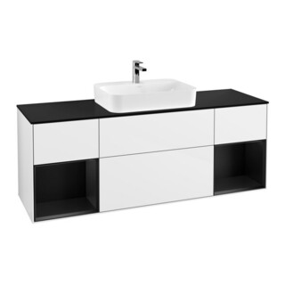 V&B Meuble sous lavabo Finion 160 cm, placage bois, façade bleue laquée, blanc brillant laqué