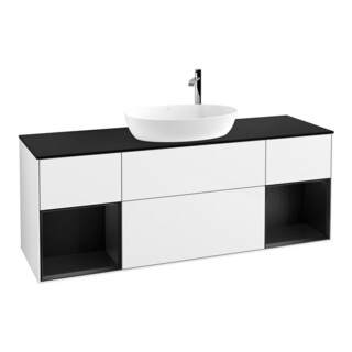 V&B Meuble sous lavabo Finion 160 cm, placage bois, face bleue mate, laque blanc brillant