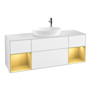 V&B Meuble sous lavabo Finion 160 cm, placage bois, face dorée mate, blanc brillant
