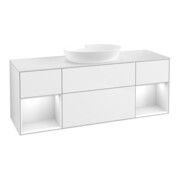 V&B Meuble sous lavabo Finion 160 cm, placage bois, face gris, laqué blanc brillant-1