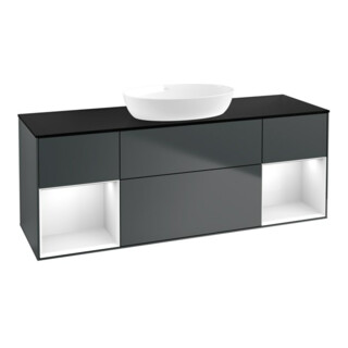 V&B Meuble sous lavabo Finion 160 cm, placage bois, laqué gris brillant, avec plancher laqué bleu