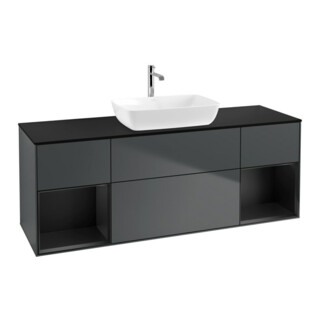 V&B Meuble sous lavabo Finion 160 cm, placage bois, laqué gris, milieu bleu laqué