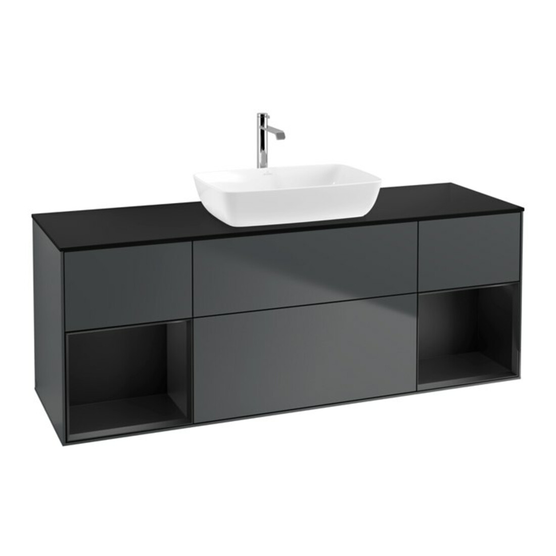 V&B Meuble sous lavabo Finion 160 cm, placage bois, laqué gris, milieu bleu laqué