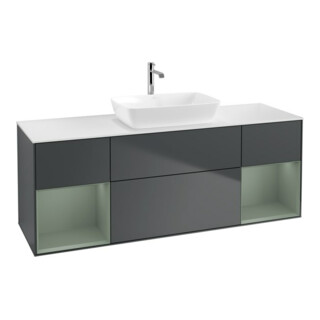 V&B Meuble sous lavabo Finion 160 cm, placage bois, laqué gris olivier, mat brillant, laqué