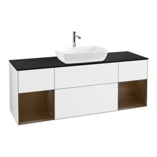 V&B Meuble sous lavabo Finion 160 cm, placage bois m, rayures noyer, blanc brillant laqué