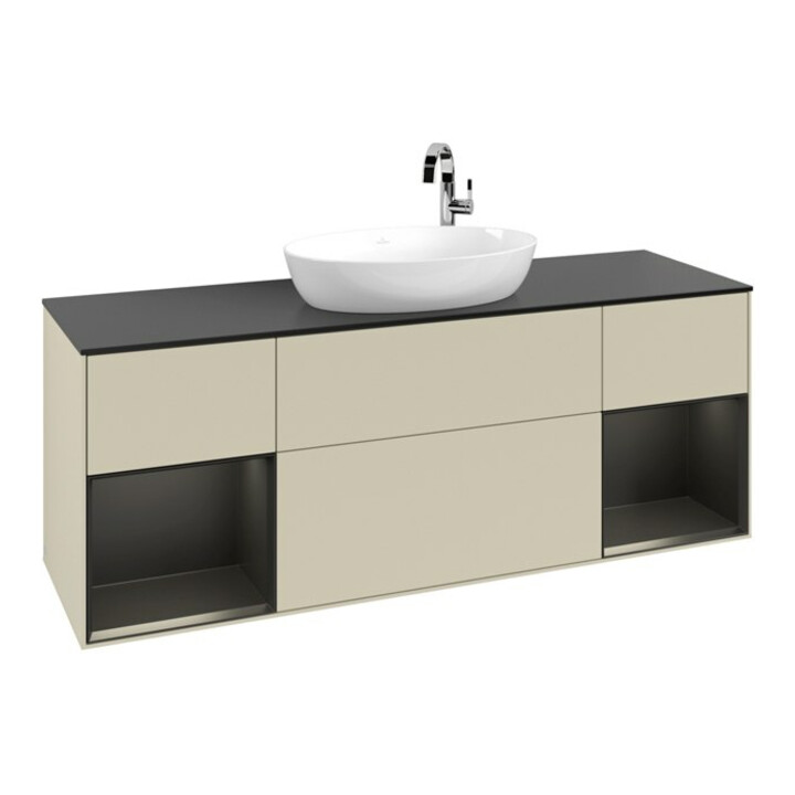 V&B Meuble sous lavabo Finion 160 cm, placage bois mat, façade bleue mate laquée, poignée grise mate laquée