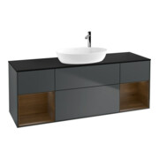 V&B Meuble sous lavabo Finion 160 cm, placage bois, noyer régulier, façade médium bleu mat avec laque