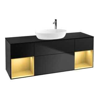 V&B Meuble sous lavabo Finion 160 cm, placage bois, poignée or, bleu lacqué