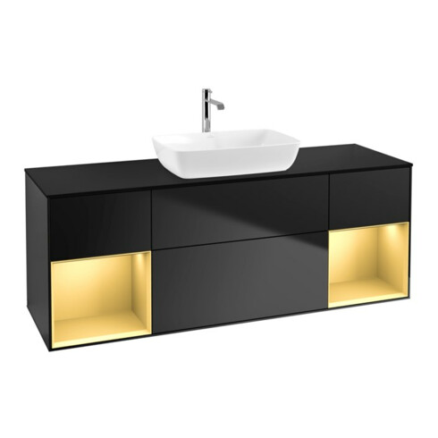 V&B Meuble sous lavabo Finion 160 cm, placage bois, rangement doré laqué, bleu laqué