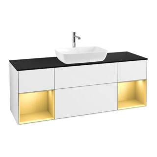 V&B Meuble sous lavabo Finion 160 cm, placage bois, rangement doré mat, laqué blanc brillant