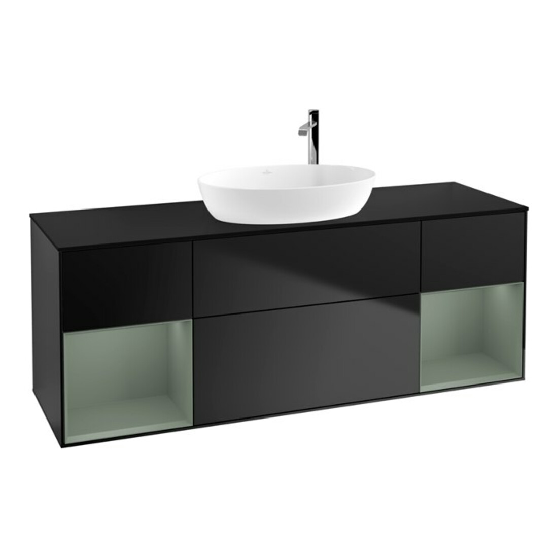 V&B Meuble sous lavabo Finion 160 cm, placage bois, rangement huile avec laque, bleu avec laque