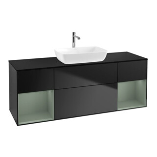 V&B Meuble sous-lavabo Finion 160 cm, placage bois, rangement ouvert, laqué bleu