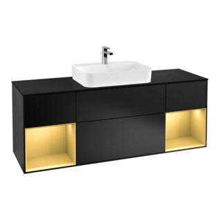 V&B Meuble sous lavabo Finion 160 cm, placage bois, réglette or laqué, bleu laqué