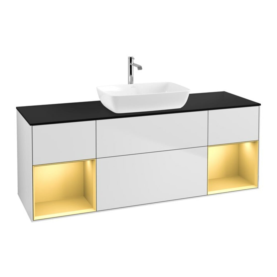 V&B Meuble sous lavabo Finion 160 cm, placage bois, tiroir or mat laqué, blanc mat laqué