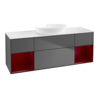 V&B Meuble sous lavabo Finion 160 cm, placage bois, tiroirs avec laque, anthracite mat