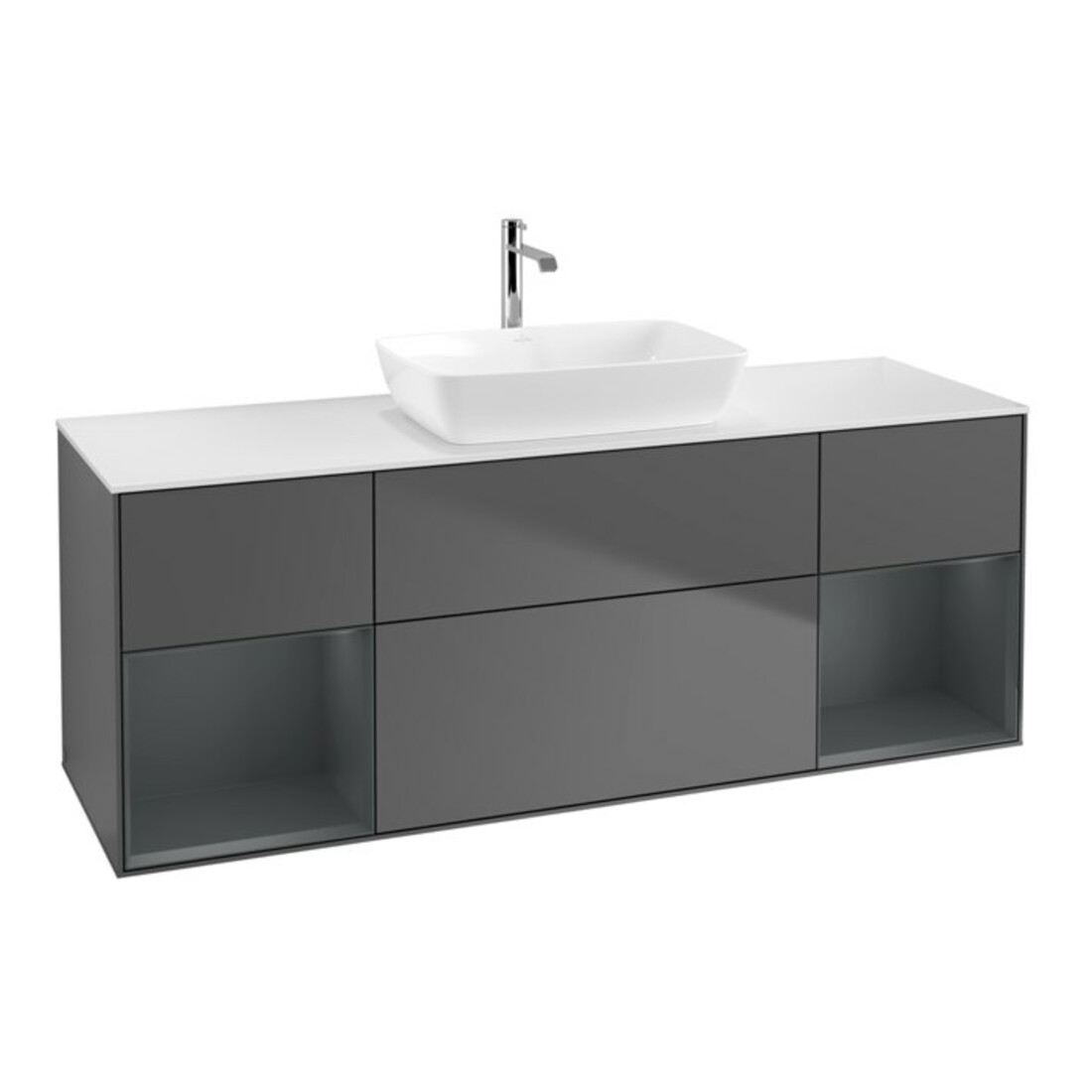 V&B Meuble sous lavabo Finion 160 cm, placage bois, tiroirs avec laque, anthracite mat