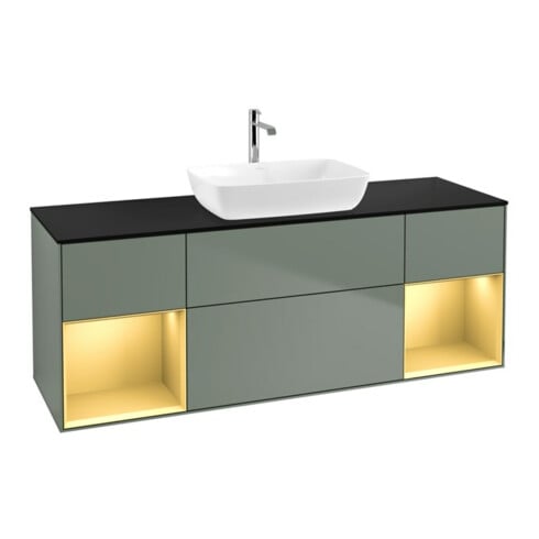 V&B Meuble sous lavabo Finion 160 cm, placage bois, tiroirs laqués, olivier laqué