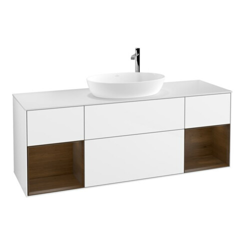 V&B Meuble sous lavabo Finion 160 cm, placage bois, veinage régulier, blanc brillant. Lac