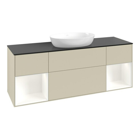 V&B Meuble sous lavabo Finion 160 cm, placage bouleau, face blanche laquée, côtés gris laqués