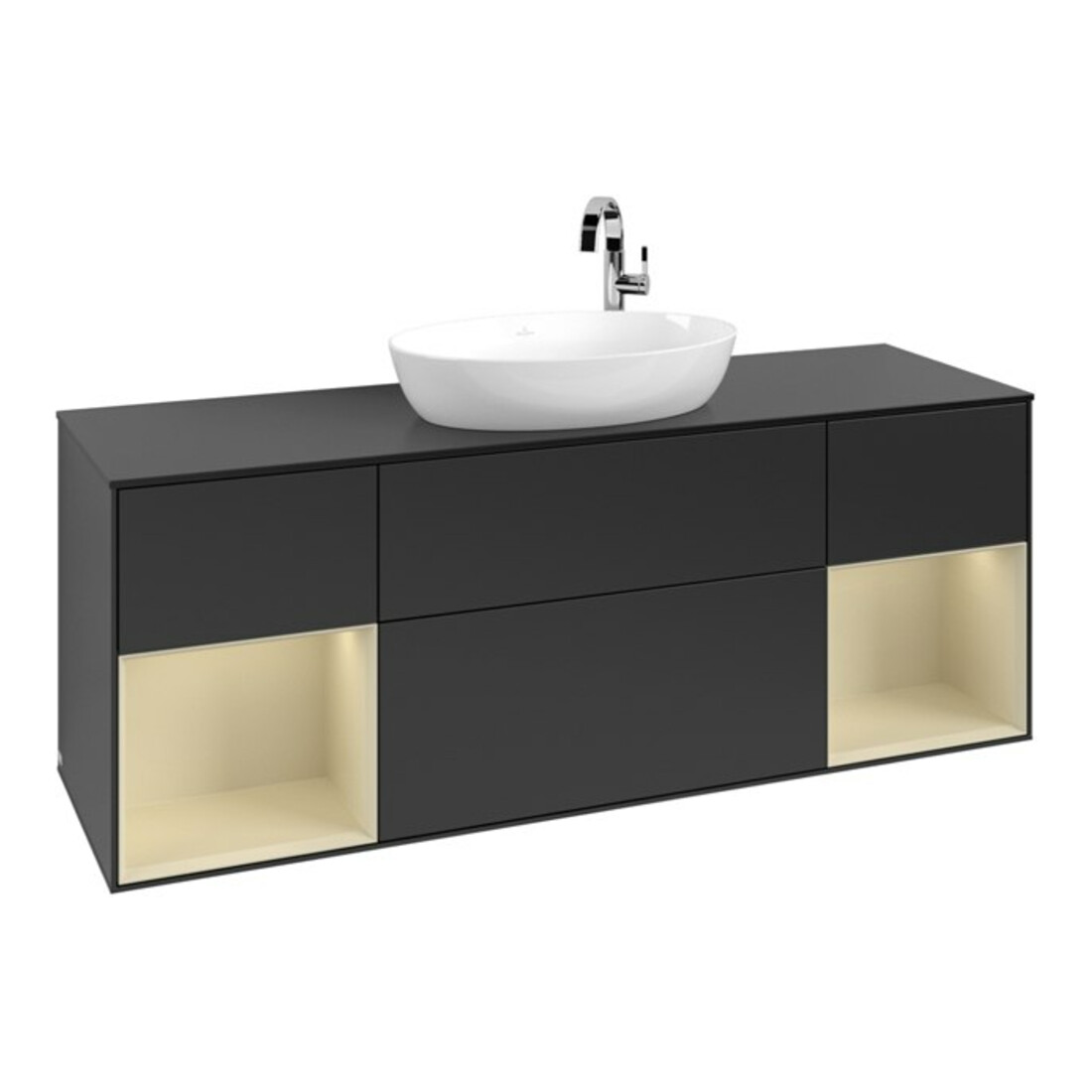 V&B Meuble sous lavabo Finion 160 cm, placage bouleau mat, gris soie mat, blanc mat