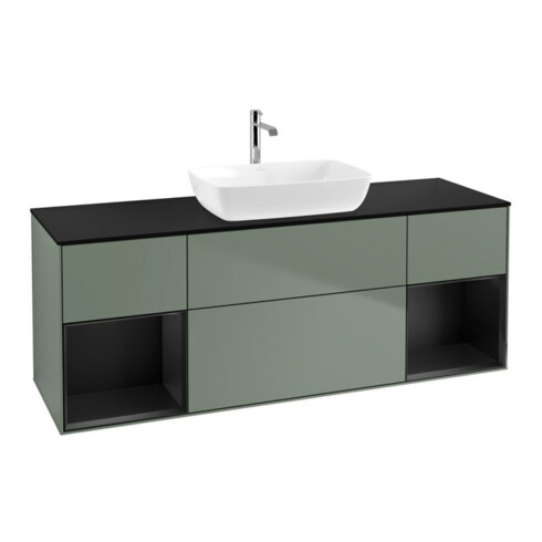 V&B Meuble sous lavabo Finion 160 cm, placage bouleau mat, tiroirs bleu mat laqué, poignée métal laqué