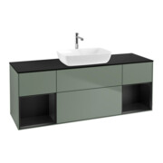 V&B Meuble sous lavabo Finion 160 cm, placage bouleau mat, tiroirs bleu mat laqué, poignée métal laqué