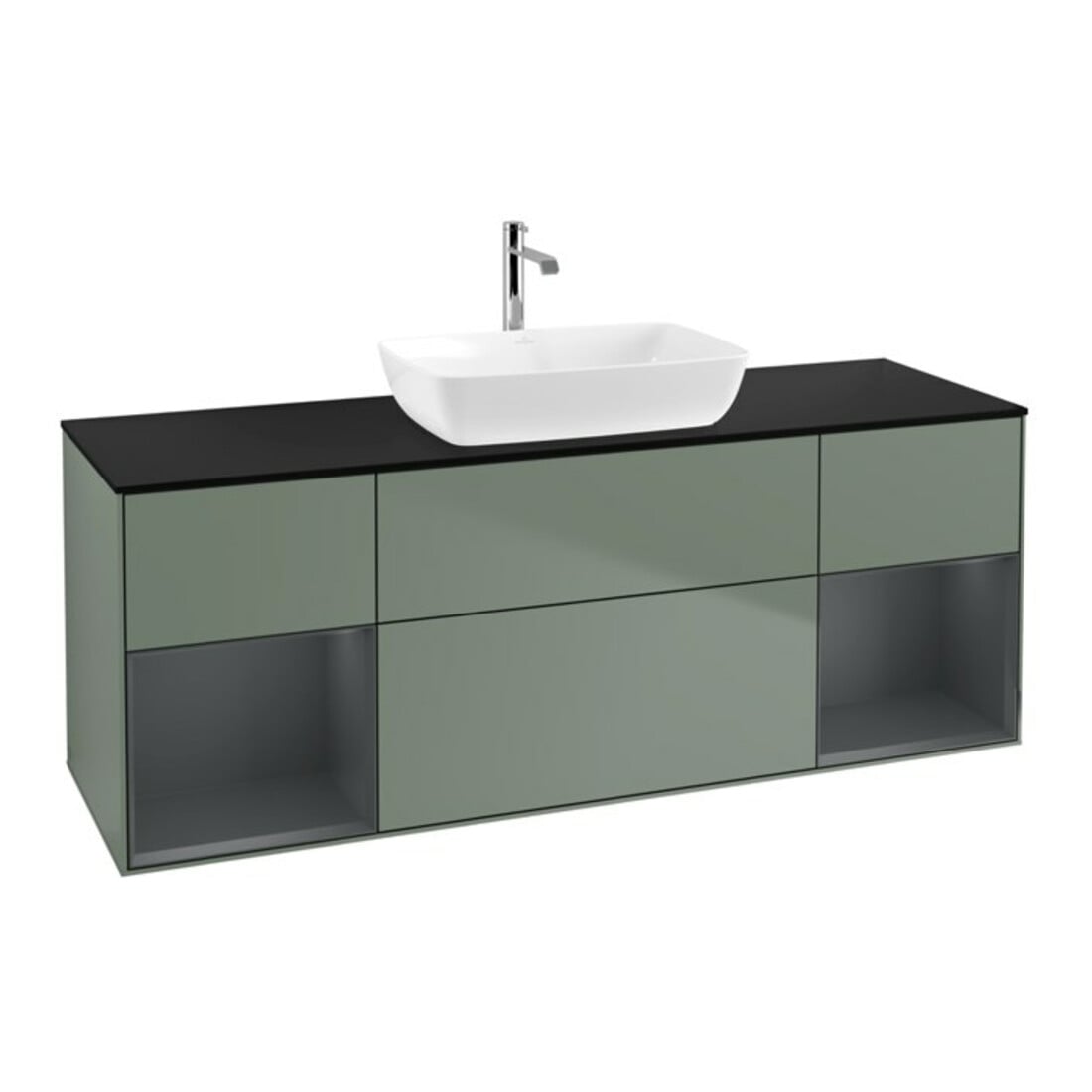 V&B Meuble sous-lavabo Finion 160 cm, placage bouleau, tiroirs médian laqué, olivier laqué