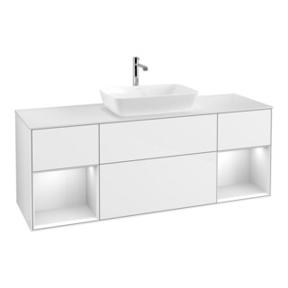 V&B Meuble sous lavabo Finion 160 cm, placage chêne, face blanc laqué, corps blanc laqué brillant