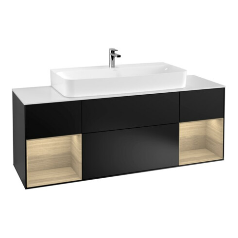 V&B Meuble sous lavabo Finion 160 cm, placage chêne Reg Oa, laqué noir mat, éclairage mural
