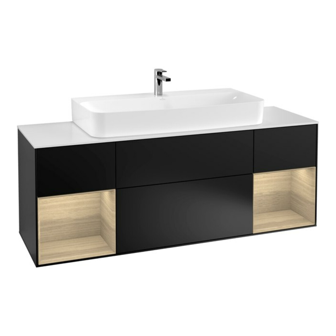 V&B Meuble sous lavabo Finion 160 cm, placage chêne Reg Oa, laqué noir mat, éclairage mural