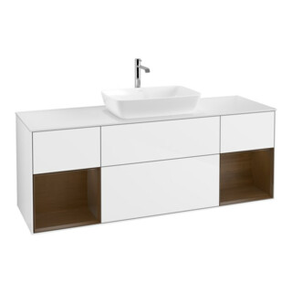V&B Meuble sous lavabo Finion 160 cm, placage noyer, façade laquée blanc brillant