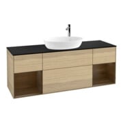 V&B Meuble sous lavabo Finion 160 cm, plan bleu mat, rangement bois naturel, ouvertures venise