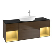 V&B Meuble sous lavabo Finion 160 cm, plan bleu mat, rangement doré mat, noyer veinée