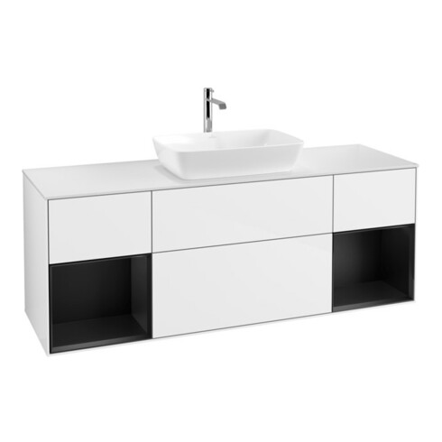 V&B Meuble sous-lavabo Finion 160 cm, Plaqué bois, Bleu brillant, Blanc brillant