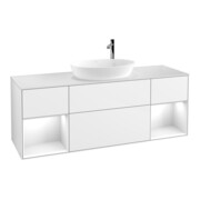 V&B Meuble sous lavabo Finion 160 cm, Plaqué chêne moyen, Laca blanc brillant