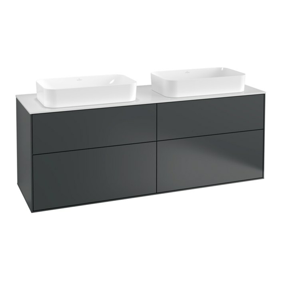 V&B Meuble sous lavabo Finion 160x60,3 cm, éclairage mural, plaque d'habillage blanc, miroir bleu avec laque